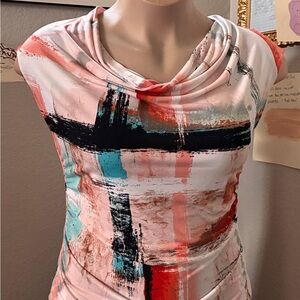 Abstract Brushstroke Cowl Neck Top in Coral, Black & Teal